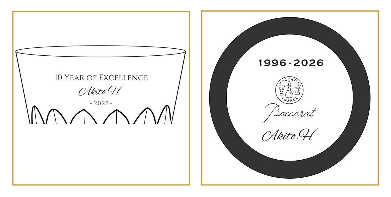 洗練されたミニマルな英文フォントで、お名前、退任日、在籍期間をシンプルに名入れ彫刻した2つのグラスのサンプル写真。現代的でシャープな書体がクリスタルの透明感を引き立て、長年の功績への敬意と新たな人生への門出をスマートに祝う、現代的でハイセンスな法人向け退任・退職祝いのイメージ。