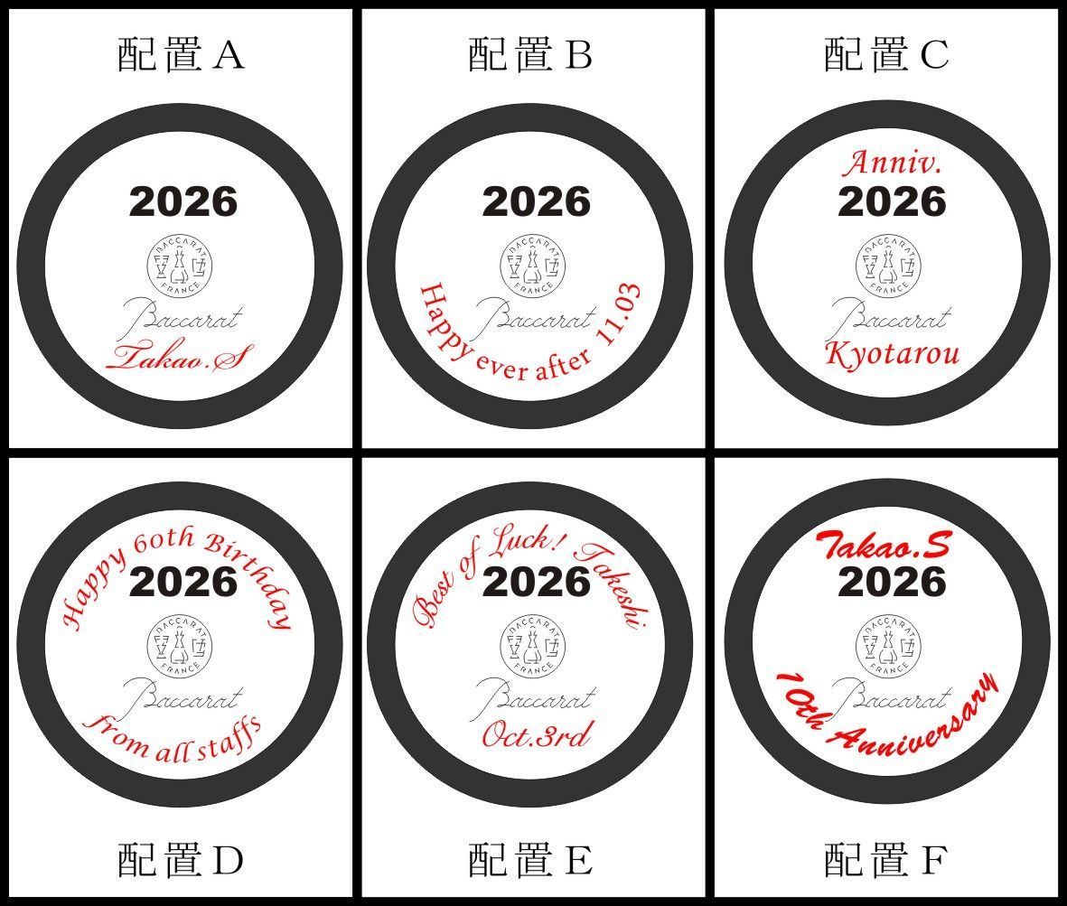 バカラのイヤーグラス、ダリアタンブラー2026の底面へ名入れ彫刻、6つの配置パターンを示した比較画像。文字数やお好みのスタイルに合わせて選べるオーダーメイドギフトのカスタマイズ提案