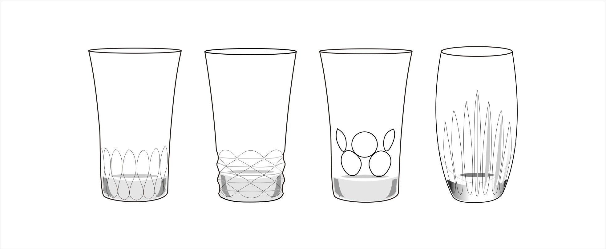バカラハイボールグラスの美しいカットを明確にしたイラスト画像。4種類のバカラタンブラーのカットデザインを詳細に示し、光の反射とカットの美しさが際立つ高級ガラス製品の魅力を視覚的に表現