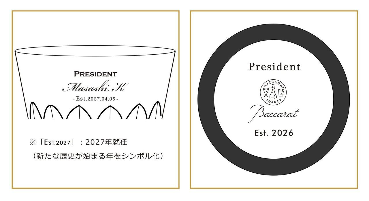 洗練されたミニマルな英文フォントで、『Promotion』や役職、お名前をシンプルに名入れ彫刻した2つのグラスのサンプル写真。現代的でシャープなサンセリフ体や細身の書体が、クリスタルの透明感と調和し、知性と新たな飛躍を感じさせるスタイリッシュな昇進・就任祝いのイメージ。