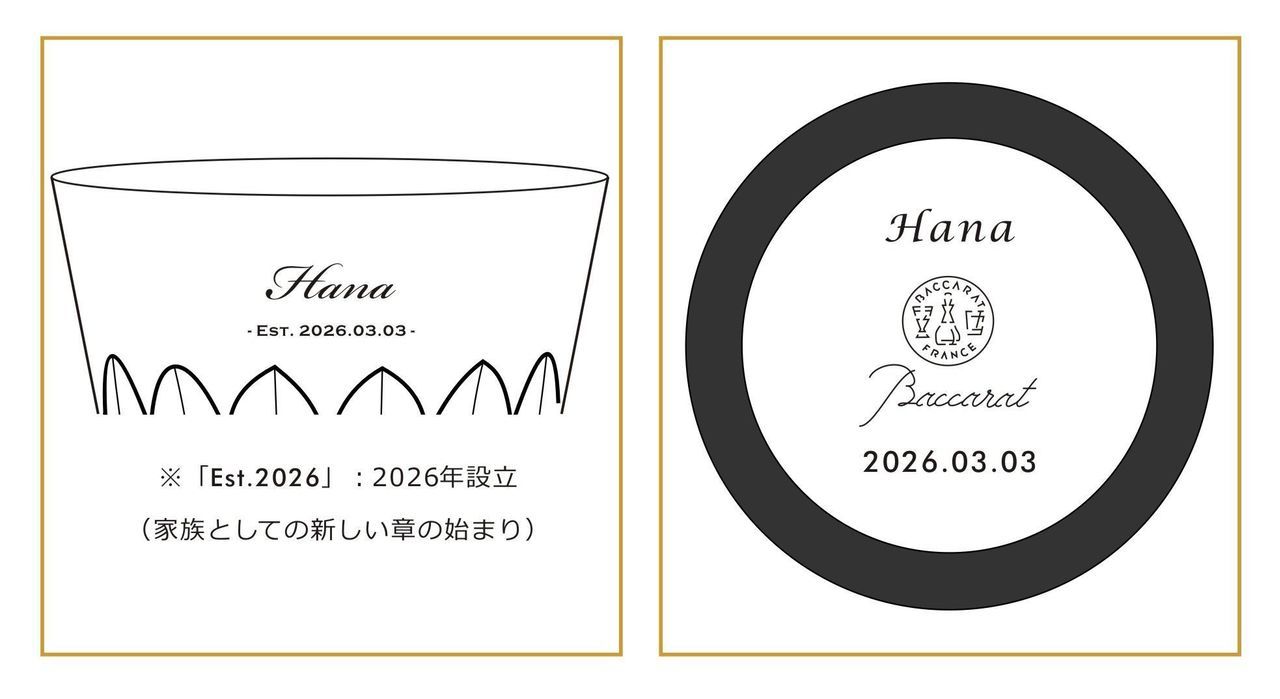 洗練されたミニマルな英文フォントで、赤ちゃんの名前、誕生日をシンプルに名入れ彫刻した2つのペアグラスのサンプル写真。現代的でシャープな書体がクリスタルの透明感を引き立て、新しい家族の誕生をスマートに祝う、現代的でハイセンスな出産祝いのイメージ。