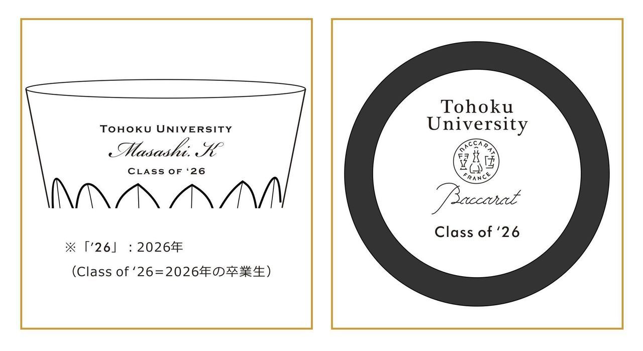 洗練されたミニマルな英文フォントで、『Graduation』や『Class of 2026』、お名前をシンプルに名入れ彫刻した2つのグラスのサンプル写真。現代的でシャープなサンセリフ体や細身の書体が、クリスタルの透明感を引き立て、門出をスマートに祝うスタイリッシュな卒業祝いのイメージ。