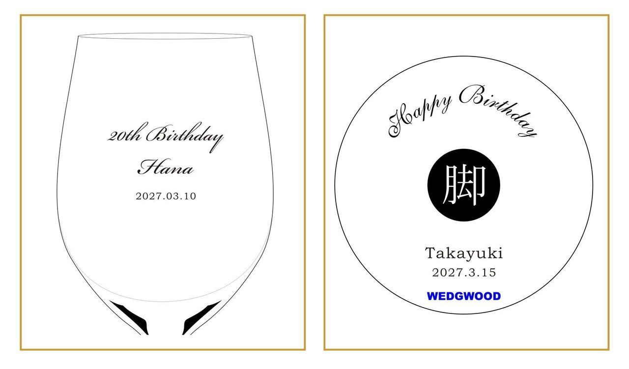 クラシックな装飾が施された英文フォントで、誕生日の祝辞と名前を名入れ彫刻した2つのペアグラスのサンプル写真。エレガントな筆記体や伝統的なセリフ体を用いた刻印が、クリスタルグラスの高級感を引き立てる、洗練されたバースデーギフトのイメージ。