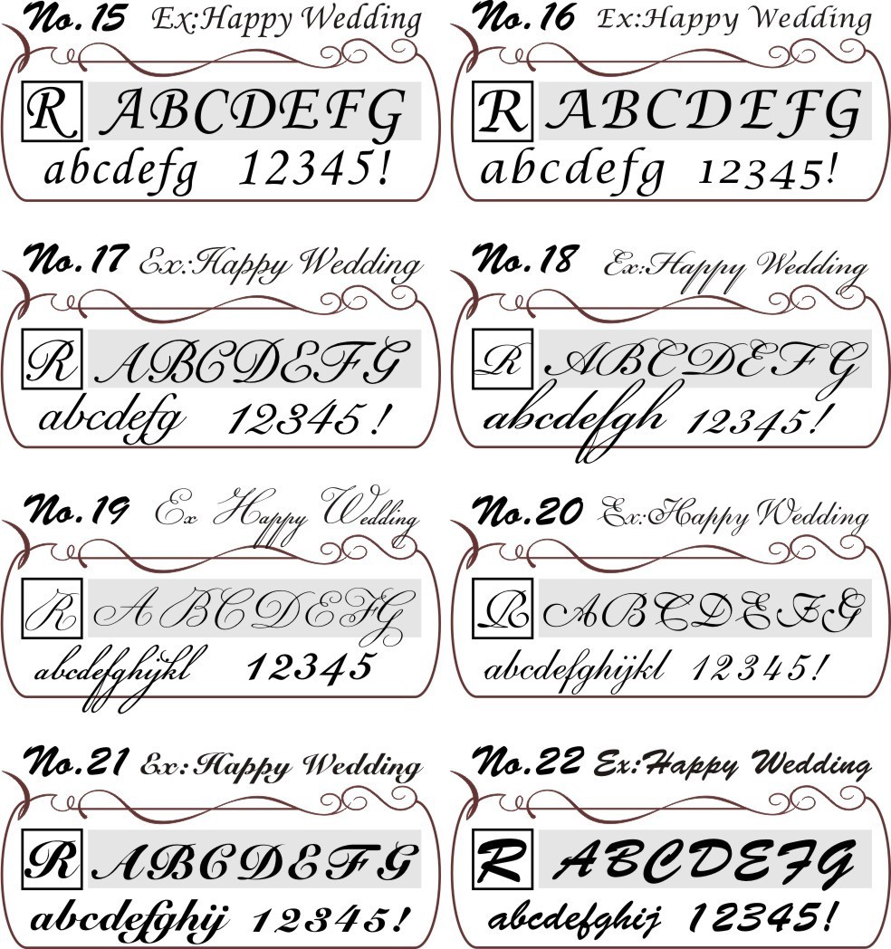 ウエーブボックスに施す名入れ彫刻用の6種類のスクリプト体フォント比較。『Happy Wedding』の文字を使い、スクリプト体の個性や印象の違いを紹介。結婚祝いにぴったりなエレガントな書体サンプル