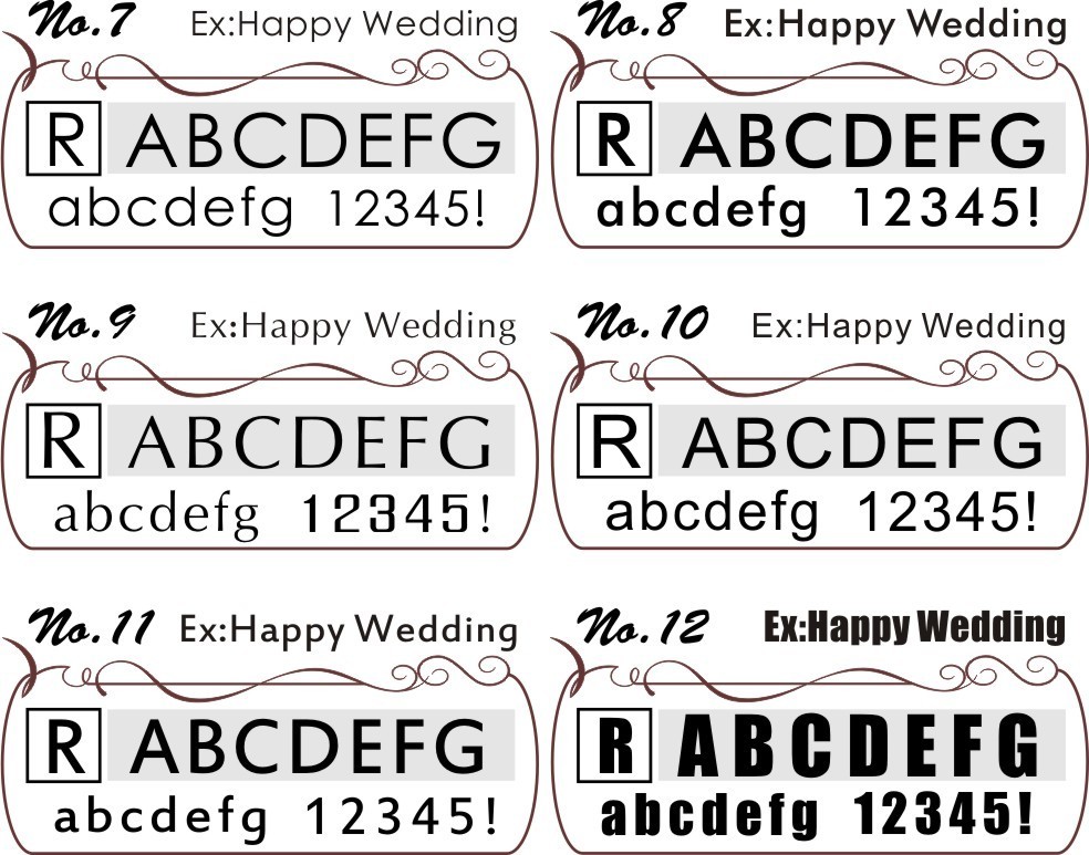 ウエーブボックスに施す名入れ彫刻用の6種類のサンセリフ体フォント比較。『Happy Wedding』の文字を使って、サンセリフ体の異なる書体の印象を紹介。結婚祝いにぴったりな書体を選べるサンプル