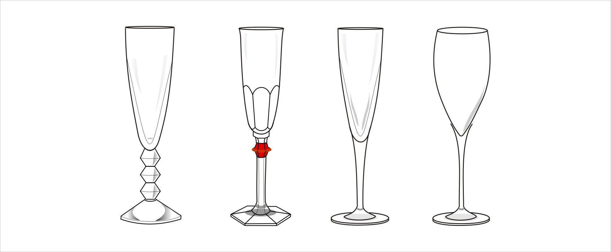 バカラシャンパングラスの美しいカットを明確にしたイラスト画像。4種類のバカラタンブラーのカットデザインを詳細に示し、光の反射とカットの美しさが際立つ高級ガラス製品の魅力を視覚的に表現