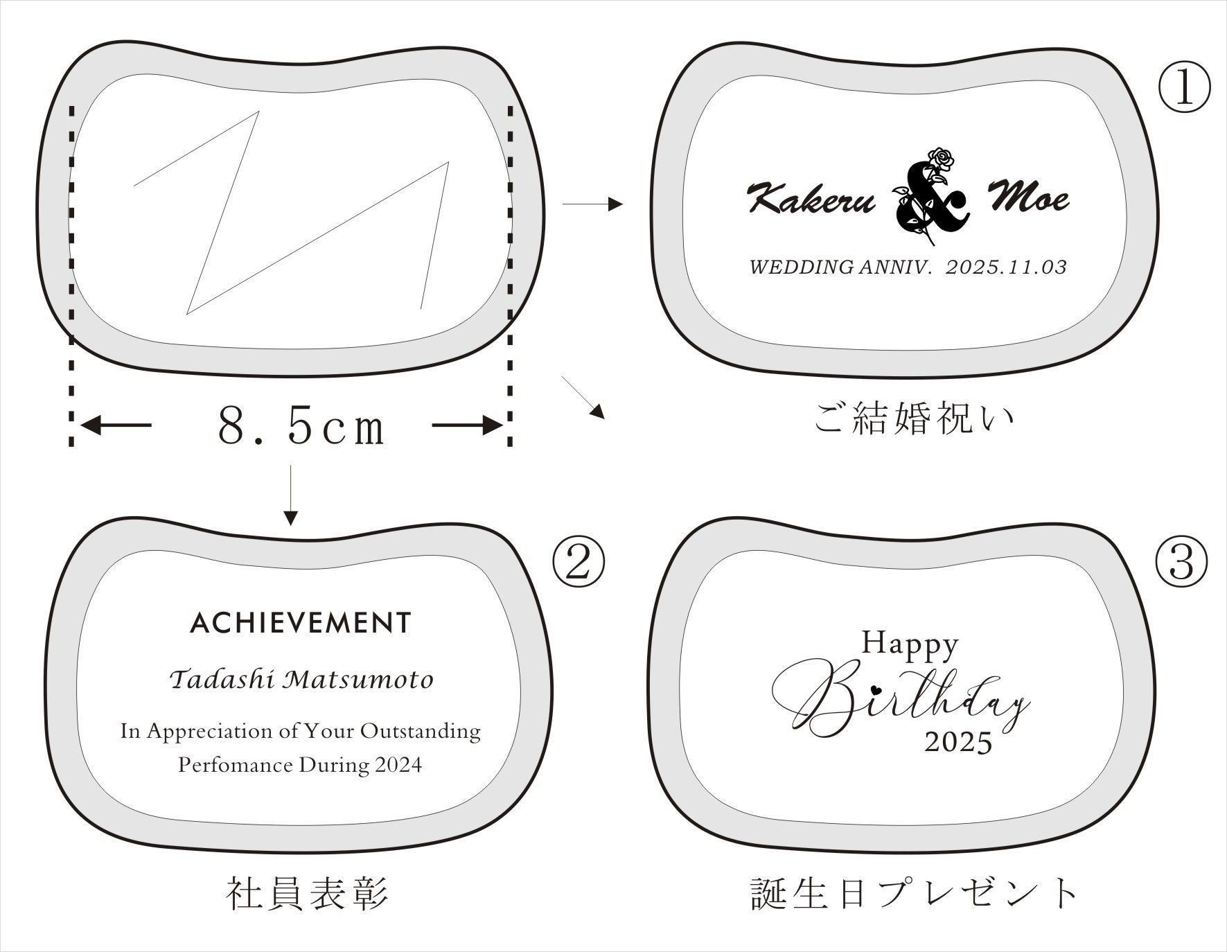 ティファニーウエーブボックスの底への名入れ彫刻サンプル。結婚祝い、社員表彰、誕生日プレゼント向けのデザイン例をご提案。特別なギフトに最適なデザインオプションの参考にも
