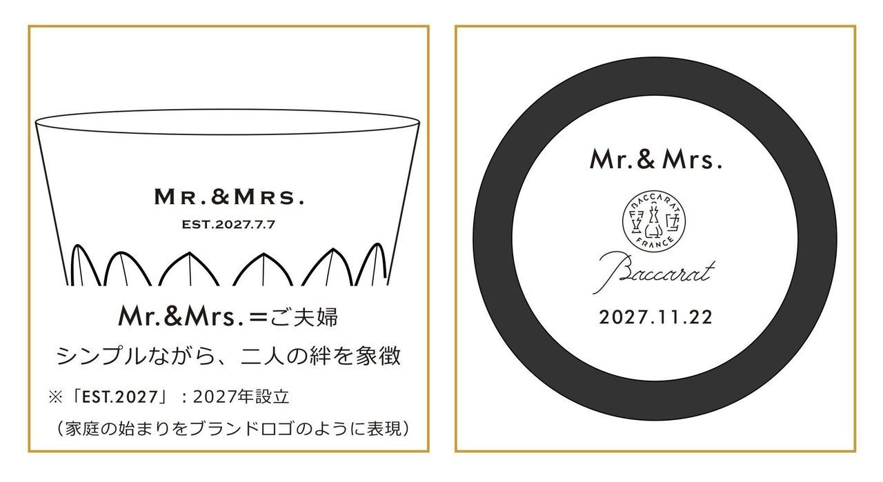 無駄を省いたミニマルな英文フォントで、新郎新婦の名前と日付をシンプルに名入れ彫刻した2つのペアグラスのサンプル写真。洗練されたモダンな書体がクリスタルの透明感を引き立てる、現代的でハイセンスな結婚祝いのイメージ。