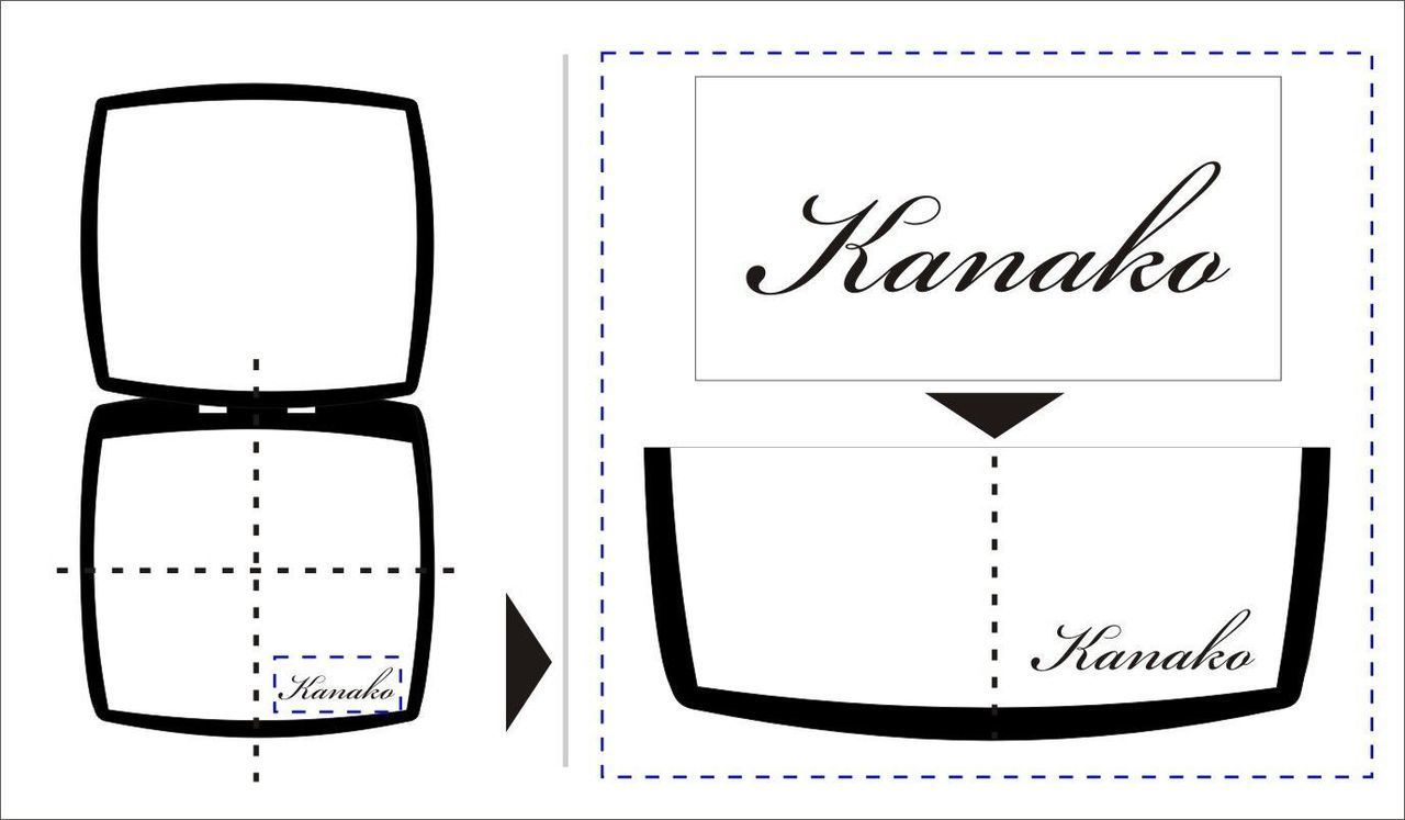 シャネルのコンパクトミラーを開いた際、下部ミラーの右下部分に『Kanako』と名入れ彫刻を施す位置を示すイメージ写真。実用性を考慮した、美しく洗練されたレイアウトの解説。
