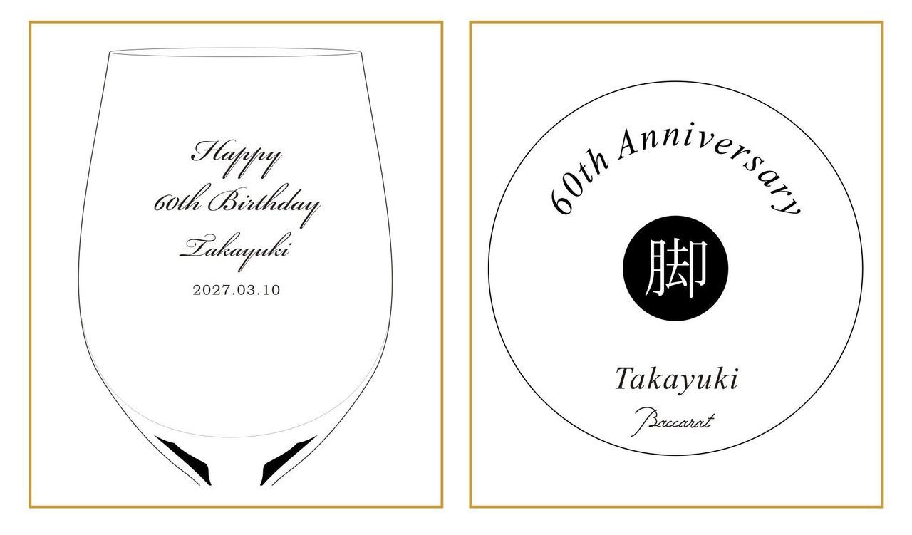 伝統的なクラシックスタイルの英文フォントで、『60th Anniversary』や『Happy 60th Birthday』とお名前を名入れ彫刻した2つの還暦祝い用グラスのサンプル写真。エレガントな筆記体や装飾豊かな書体がクリスタルに刻まれ、長寿の節目を祝うに相応しい格調高きギフトのイメージ。