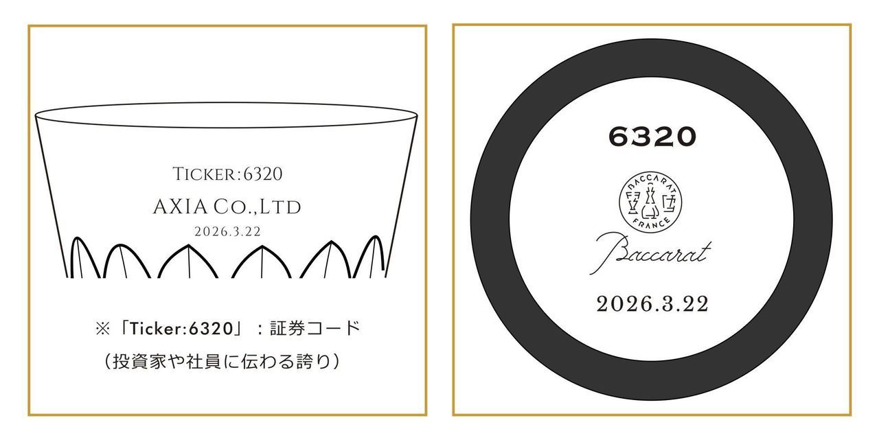 洗練されたミニマルな英文フォントで、『Listed on TSE』、社名、上場日、証券コードをシンプルに名入れ彫刻した2つのクリスタルグラスのサンプル写真。現代的でシャープな書体がバカラなどの極上の輝きを引き立て、企業の新たなステージへの躍進をスマートに祝う、現代的でハイセンスな法人向け上場記念祝いのイメージ。