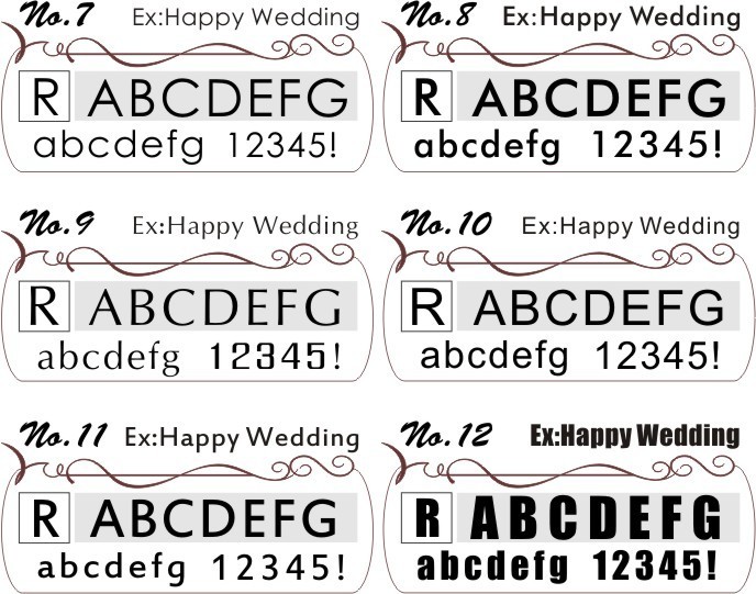 ティアラタンブラー1837において名入れ彫刻用の6種類のサンセリフ体フォント比較。『Happy Wedding』の文字を使って、サンセリフ体の異なる書体の印象を紹介。結婚祝いにぴったりな書体を選べるサンプル