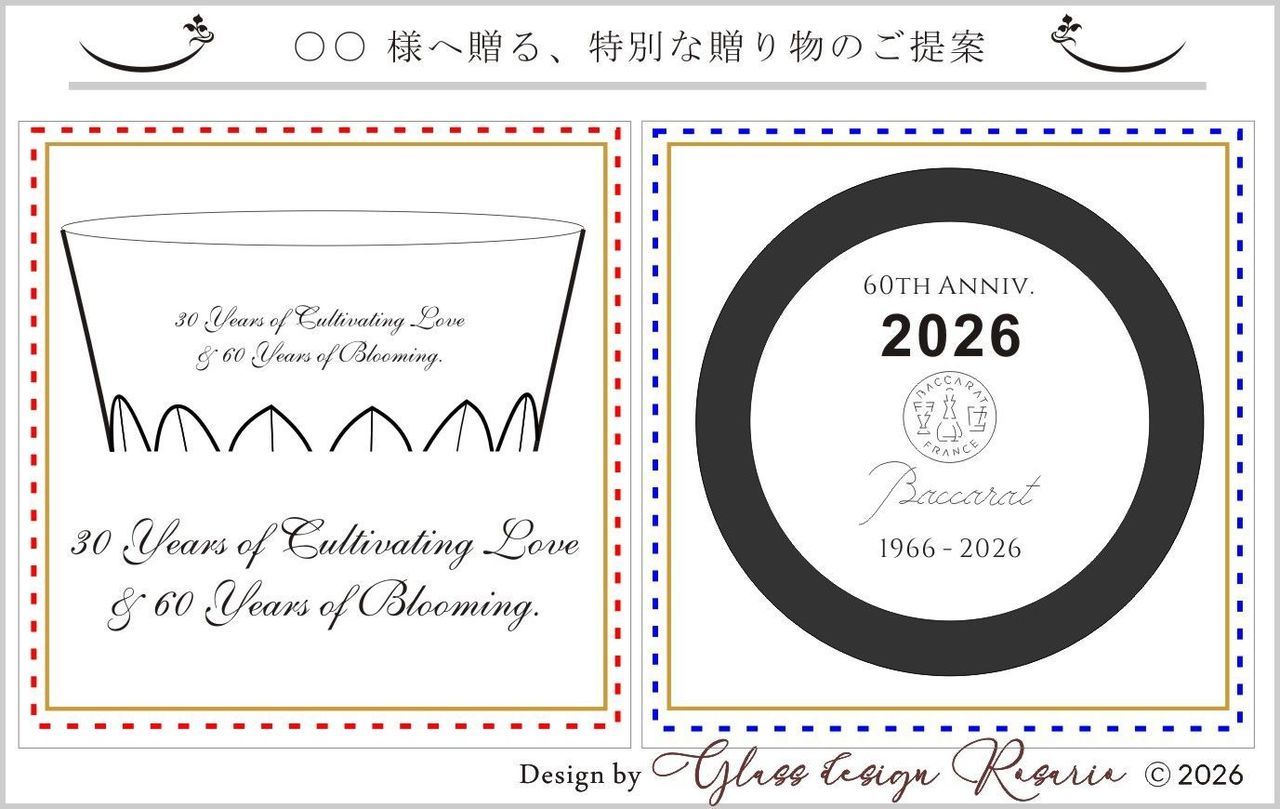 バカラの『ダリア』タンブラー 2026の底面（または側面）に、還暦祝いの特別なデザインをオートクチュールで名入れ彫刻するためのご提案用画像。大輪のダリアの花が咲き誇るようなカッティングのクリスタルグラスに、30 Years of Cultivating Love & 60 Years of Blooming.のメッセージが、モダンなカリグラフィで美しく配置されたイメージ。最高級の輝きとともに人生の節目を祝福する、世界に一つだけのオーダーメイドギフトの完成予想図。