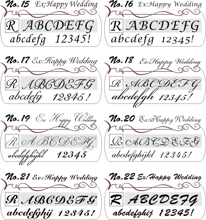 ティアラタンブラー1837における名入れ彫刻用の6種類のスクリプト体フォント比較。『Happy Wedding』の文字を使い、スクリプト体の個性や印象の違いを紹介。結婚祝いにぴったりなエレガントな書体サンプル
