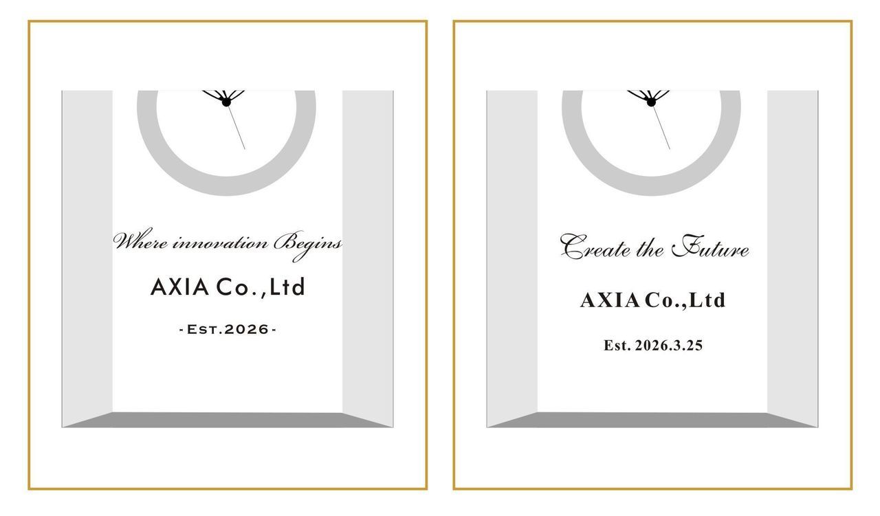 ナラティブ（物語調）な英文メッセージで、新たな志と輝かしい未来への展望、社名、設立記念日を名入れ彫刻した2つのクリスタルクロックのサンプル写真。情緒溢れる手書き風フォントや温かみのある書体が、時計が刻み始める企業の新しい歴史と挑戦を優しく、かつ力強く祝福する、感動的な法人向け設立祝いのイメージ。