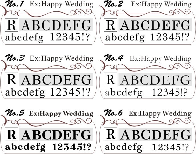 ティアラタンブラー1837において名入れ彫刻用の6種類のセリフ体フォント比較。『Happy Wedding』という文字で、セリフ体の個性や印象の違いを紹介。結婚祝いに最適な美しい書体サンプル