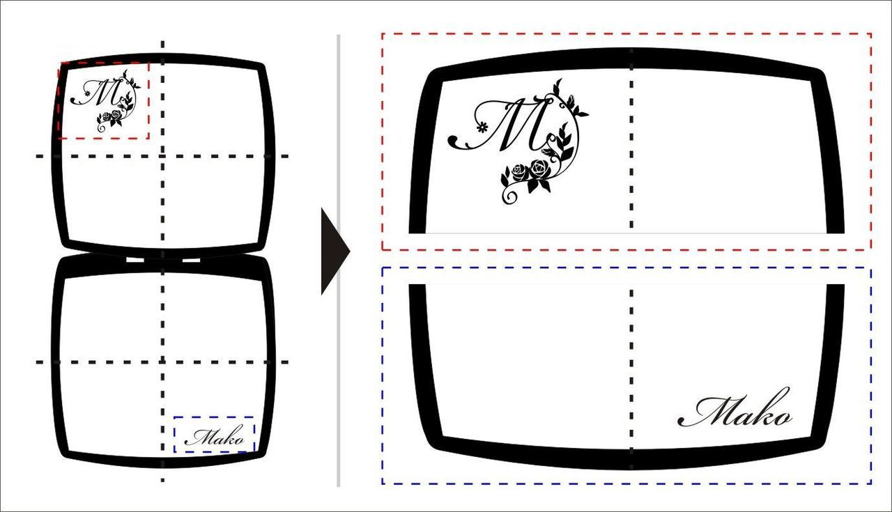 シャネルのコンパクトミラーへイニシャルデザインとお名前を名入れ彫刻した場合のイメージ図を示しています。パーソナルな刻印が施されたコンパクトミラーのバリエーションを通じて、贈り物としてのカスタマイズ例を紹介しています。