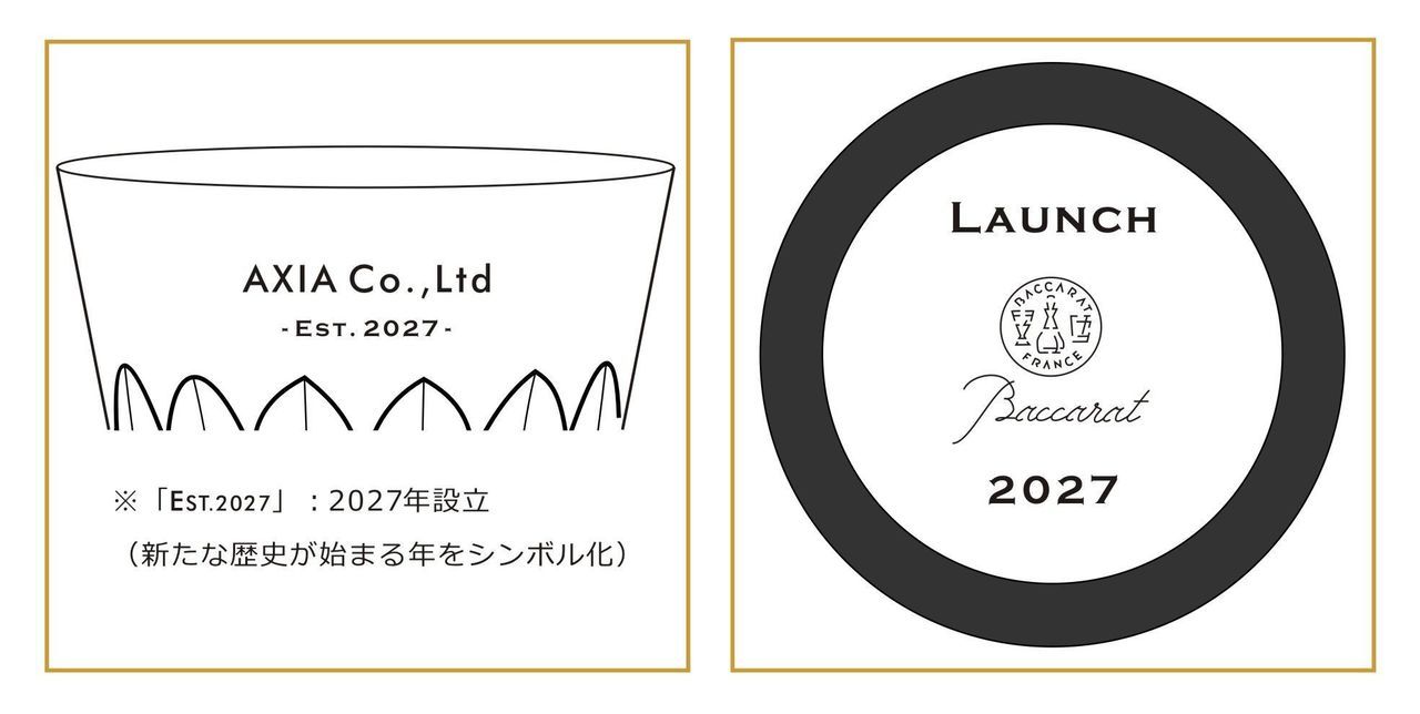 洗練されたミニマルな英文フォントで、『Establishment』、社名、設立日をシンプルに名入れ彫刻した2つのバカラグラスのサンプル写真。現代的でシャープなサンセリフ体や細身の書体がバカラの極上の輝きを引き立て、企業の新たな門出をスマートに祝う、現代的でハイセンスな設立祝いのイメージ。