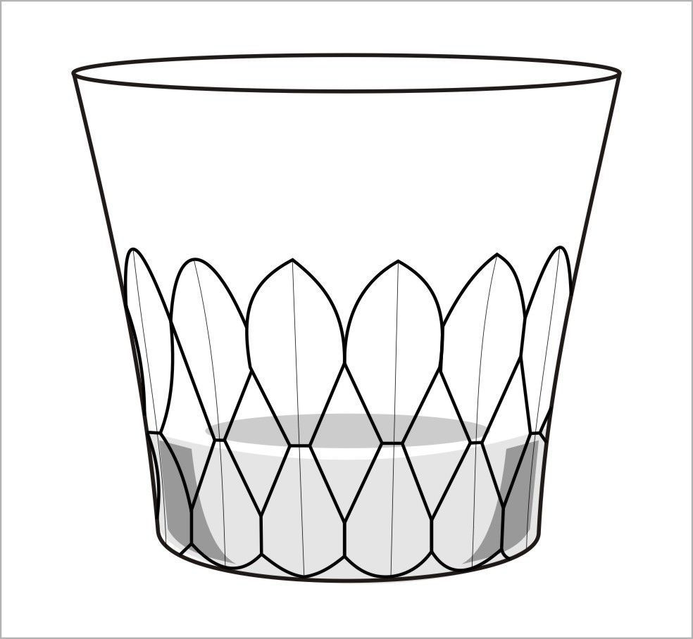 バカラのイヤータンブラー〈アリア2025〉の精巧なカットをイラストで表現した画像。光の反射と重なり合うカットが美しく描かれ、リアルなディテールを感じられるデザイン
