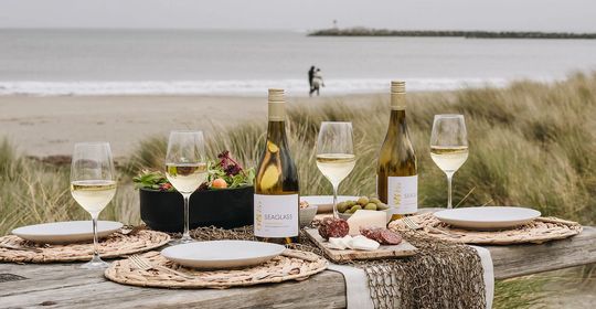 海が見える場所で、２本の白ワインボトルと４つのワイングラスを囲みながらサラミを楽しむグループの写真。リラックスしたひとときと美しい風景を背景に、ワインと食事を楽しむシーン