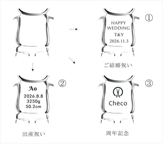 バカラのベアブリックの背面に、結婚祝い、出産祝い、美容室の周年祝いの3パターンの名入れ彫刻事例を示した写真。透明なクリスタルの背面に、『Happy Wedding』、『Happy First Birthday』、『〇〇〇 Anniversary』など、人生の節目や特別な記念日を祝うメッセージが繊細に刻まれています。