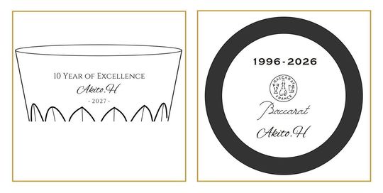 洗練されたミニマルな英文フォントで、お名前、退任日、在籍期間をシンプルに名入れ彫刻した2つのグラスのサンプル写真。現代的でシャープな書体がクリスタルの透明感を引き立て、長年の功績への敬意と新たな人生への門出をスマートに祝う、現代的でハイセンスな法人向け退任・退職祝いのイメージ。