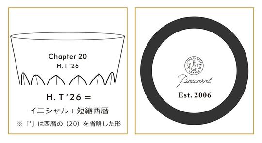 無駄を削ぎ落としたミニマルな英文フォントで、20歳の誕生日のメッセージとお名前を名入れ彫刻した2つのグラスのサンプル写真。洗練されたサンセリフ体や細身の書体を用いた刻印が、クリスタルの透明感を引き立てる、現代的でスタイリッシュなバースデーギフトのイメージ。