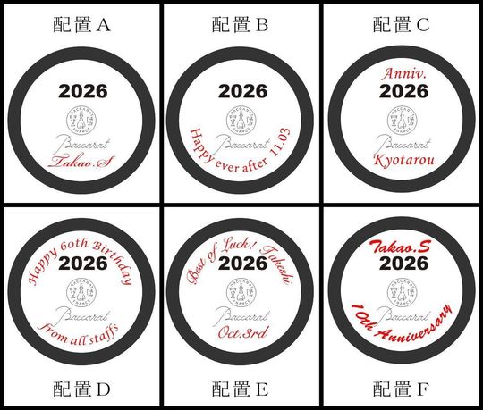 バカラのイヤーグラス、ダリアタンブラー2026の底面へ名入れ彫刻、6つの配置パターンを示した比較画像。文字数やお好みのスタイルに合わせて選べるオーダーメイドギフトのカスタマイズ提案