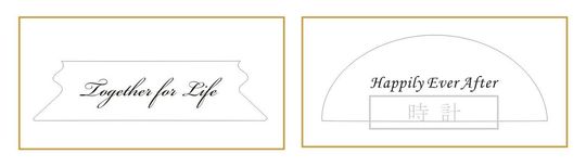 ナラティブ（物語調）な英文メッセージで、二人の門出を祝う言葉と名前、結婚記念日を名入れ彫刻した2つのクリスタルクロックのサンプル写真。情緒的な手書き風フォントや温かみのある書体が、時計の透明感と調和し、共に刻む未来への願いを込めた感動的なウェディングギフトのイメージ。