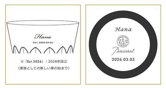 洗練されたミニマルな英文フォントで、赤ちゃんの名前、誕生日をシンプルに名入れ彫刻した2つのペアグラスのサンプル写真。現代的でシャープな書体がクリスタルの透明感を引き立て、新しい家族の誕生をスマートに祝う、現代的でハイセンスな出産祝いのイメージ。
