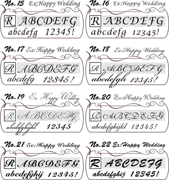 名入れ彫刻用の6種類のスクリプト体フォント比較。『Happy Wedding』の文字を使い、スクリプト体の個性や印象の違いを紹介。結婚祝いにぴったりなエレガントな書体サンプル