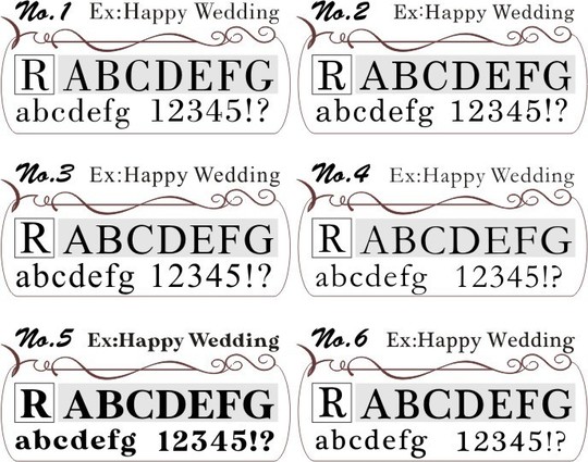 シャネルのコンパクトミラーへ名入れ彫刻用の6種類のセリフ体フォント比較。『Happy Wedding』という文字で、セリフ体の個性や印象の違いを紹介。結婚祝いに最適な美しい書体サンプル