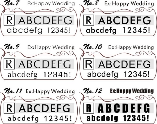 名入れ彫刻用の6種類のサンセリフ体フォント比較。『Happy Wedding』の文字を使って、サンセリフ体の異なる書体の印象を紹介。結婚祝いにぴったりな書体を選べるサンプル