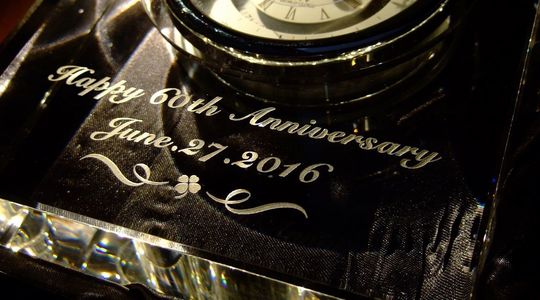 グラスワークスナルミの世界時計に彫刻された還暦祝いのメッセージと記念日。洗練されたデザインのクリスタル世界時計に、60歳の誕生日を祝う特別なメッセージと記念日が刻まれ、贈り物としての価値を高める美しいアイテム