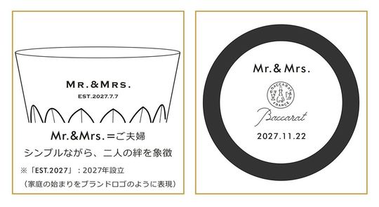 無駄を省いたミニマルな英文フォントで、新郎新婦の名前と日付をシンプルに名入れ彫刻した2つのペアグラスのサンプル写真。洗練されたモダンな書体がクリスタルの透明感を引き立てる、現代的でハイセンスな結婚祝いのイメージ。