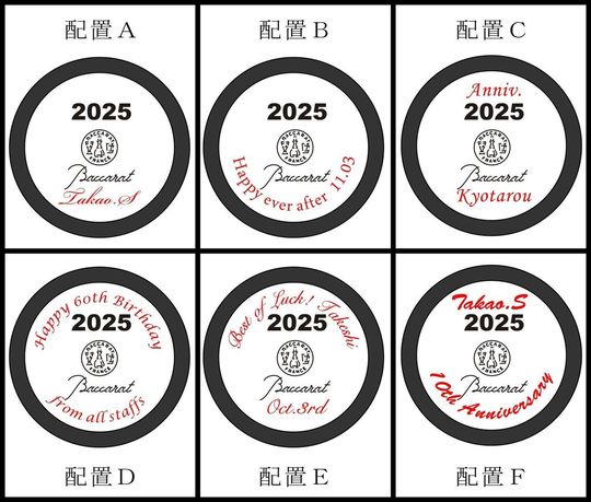 バカラのイヤーグラスアリア2025タンブラーの底面へ名入れ彫刻、6つの配置パターンを示した比較画像。文字数やお好みのスタイルに合わせて選べるオーダーメイドギフトのカスタマイズ提案