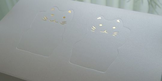 バカラの招き猫Sサイズの特別仕様ペア箱の写真。白い箱の上面に、左右の手を上げた2体の招き猫が描かれているアップ写真。シンプルながらも愛らしい猫のイラストが、ペアギフトとしての縁起の良さと、受け取る方への幸福を願う気持ちを表現しています。