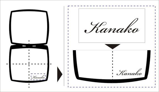 シャネルのコンパクトミラーを開いた際、下部ミラーの右下部分に『Kanako』と名入れ彫刻を施す位置を示すイメージ写真。実用性を考慮した、美しく洗練されたレイアウトの解説。