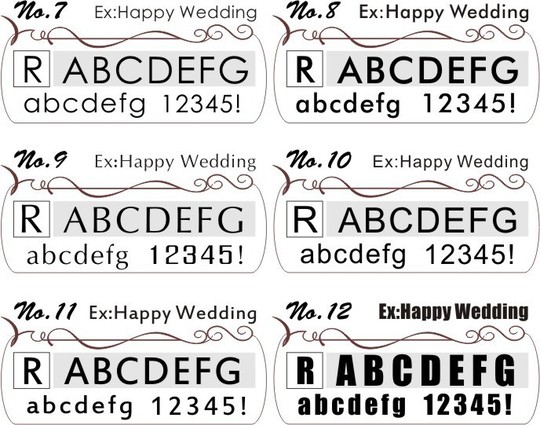 シャネルのコンパクトミラーへ名入れ彫刻用の6種類のサンセリフ体フォント比較。『Happy Wedding』の文字を使って、サンセリフ体の異なる書体の印象を紹介。結婚祝いにぴったりな書体を選べるサンプル