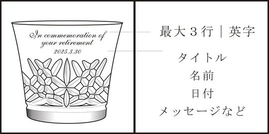 バカラのイヤーグラス〈アリア2025タンブラー〉側面に施した名入れ彫刻のイメージ画像。英字で最大3行まで、タイトル、お名前、日付、メッセージなどをカスタマイズ可能なオーダーメイドギフト