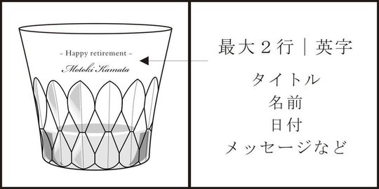 バカラのイヤーグラス、ダリア（Dahlia）タンブラー2026のクリスタルグラスのクローズアップ写真に、名入れ彫刻の位置と内容を図解で解説した画像。グラスの側面に施された退職祝いのメッセージとして、『Happy retirement』というタイトルと『[贈る相手の名前]、[日付]、[贈る側のメッセージや名前]』といった具体的な情報が、矢印や枠線を用いて示されている。ダリアの花弁をモチーフとした美しいカットの間に、長年の功績への感謝と敬意を込めたメッセージが優雅に調和する様子を解説したギフト提案画像。
