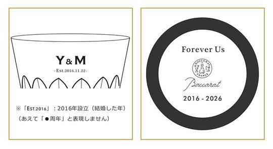 洗練されたミニマルな英文フォントで、『Forever Us』や結婚記念日、イニシャルをシンプルに名入れ彫刻した2つのペアグラスのサンプル写真。現代的でシャープな書体がクリスタルの透明感を引き立て、日常の食卓にも溶け込むスタイリッシュな記念日ギフトのイメージ。