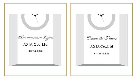 ナラティブ（物語調）な英文メッセージで、新たな志と輝かしい未来への展望、社名、設立記念日を名入れ彫刻した2つのクリスタルクロックのサンプル写真。情緒溢れる手書き風フォントや温かみのある書体が、時計が刻み始める企業の新しい歴史と挑戦を優しく、かつ力強く祝福する、感動的な法人向け設立祝いのイメージ。