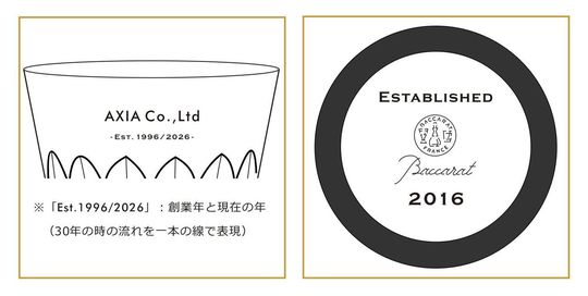 洗練されたミニマルな英文フォントで、創業年、周年数、社名をシンプルに名入れ彫刻した2つのバカラグラスのサンプル写真。現代的でシャープな書体がバカラの極上の輝きと調和し、企業の歴史をスマートに称え、日常のビジネスシーンにも品格を添えるスタイリッシュな周年祝いのイメージ。