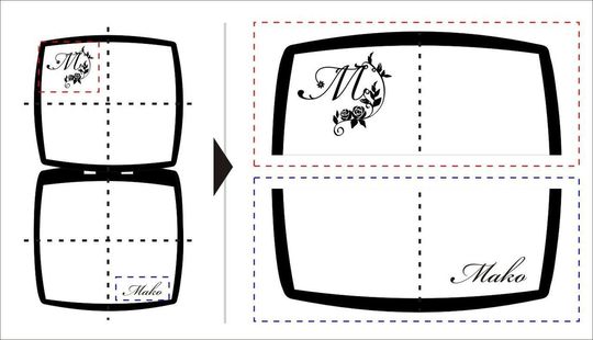 シャネルのコンパクトミラーへイニシャルデザインとお名前を名入れ彫刻した場合のイメージ図を示しています。パーソナルな刻印が施されたコンパクトミラーのバリエーションを通じて、贈り物としてのカスタマイズ例を紹介しています。