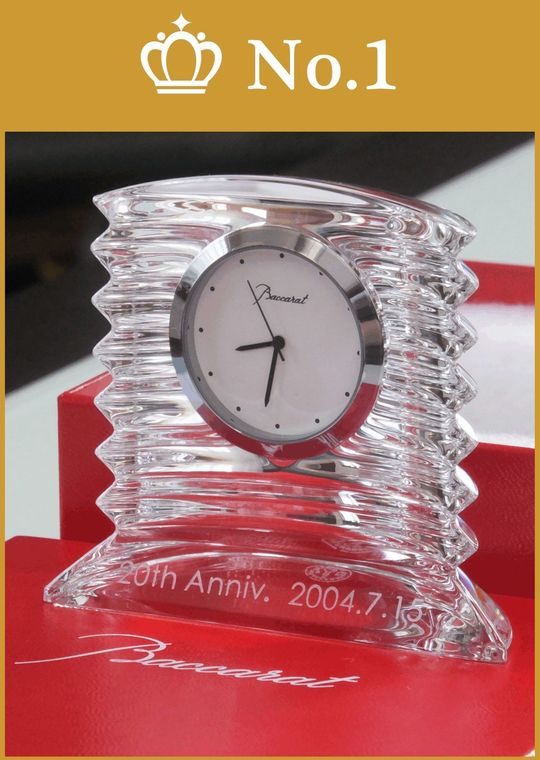 名入れ時計人気ランキング１位｜バカラのラランドクロックに彫刻した20th anniversaryと日付｜特別な記念を刻んだ高級感ある贈り物