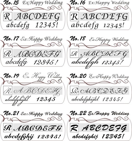 シャネルのコンパクトミラーへ名入れ彫刻用の6種類のスクリプト体フォント比較。『Happy Wedding』の文字を使い、スクリプト体の個性や印象の違いを紹介。結婚祝いにぴったりなエレガントな書体サンプル