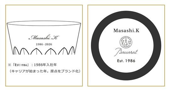 洗練されたミニマルな英文フォントで、『Retirement』や感謝の言葉、お名前、日付をシンプルに名入れ彫刻した2つのグラスのサンプル写真。現代的でシャープな書体がクリスタルの透明感を引き立て、長年の功績をスマートに称える、現代的でハイセンスな退職・退任祝いのイメージ。